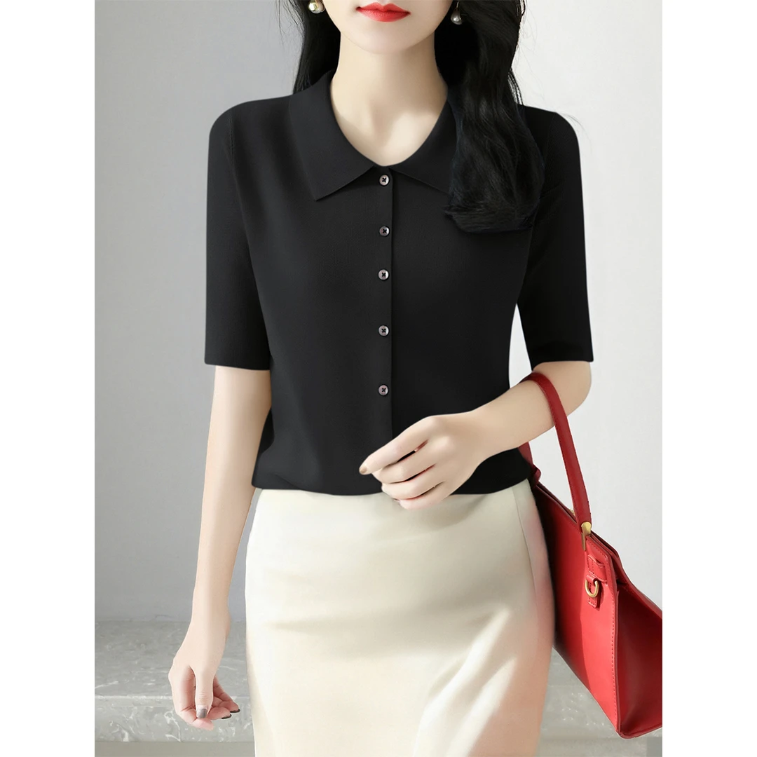 2025夏季新款女装黑色修身显瘦气质上衣女POLO领设计五分袖针织衫
