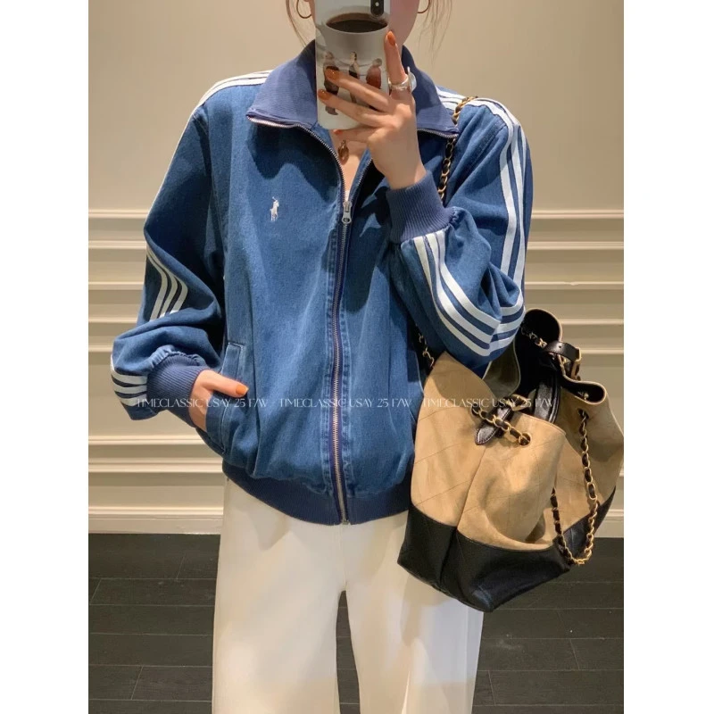 美式复古蓝色牛仔棒球服外套2025早秋季新款设计感立领夹克上衣