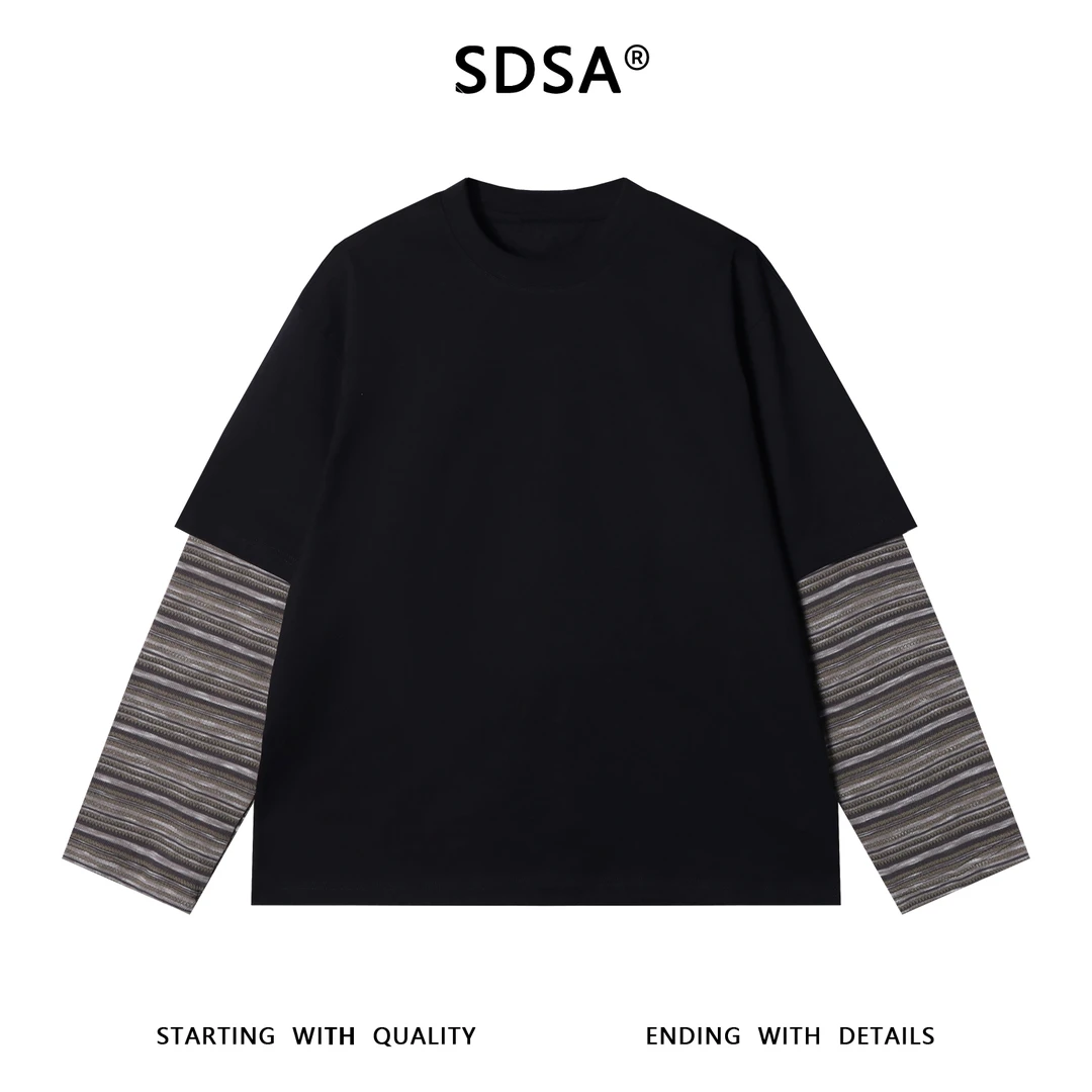 SDSA秋冬新款痞帅男装韩版撞色宽松条纹拼接圆领T恤百搭网红款