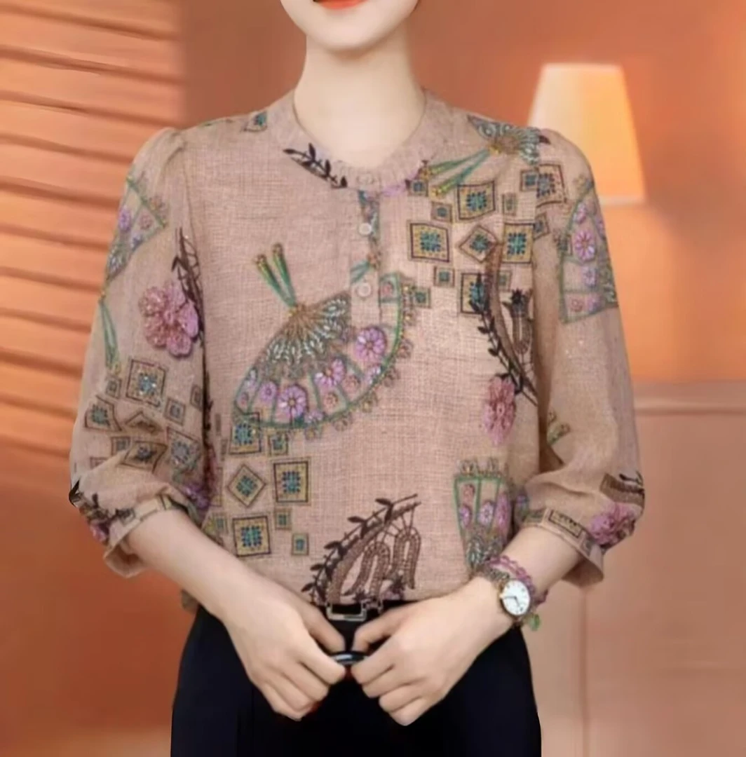 【洒银工艺】夏季薄款七分袖衬衫上衣中年妈妈装遮肚显瘦洋气小衫