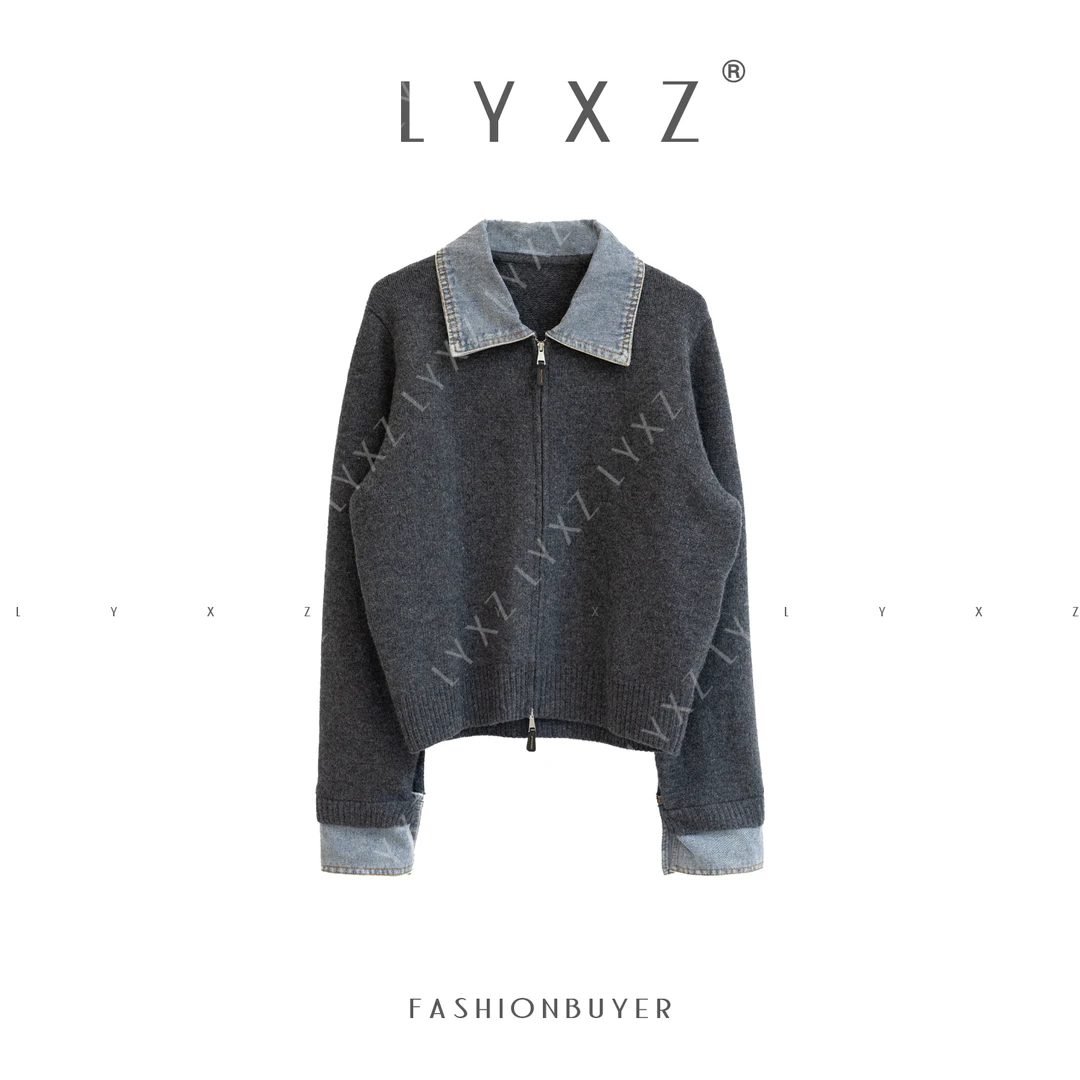 LYXZ x 大小与【唤醒向往】冬款新款时尚拼牛仔拉链针织开衫81837