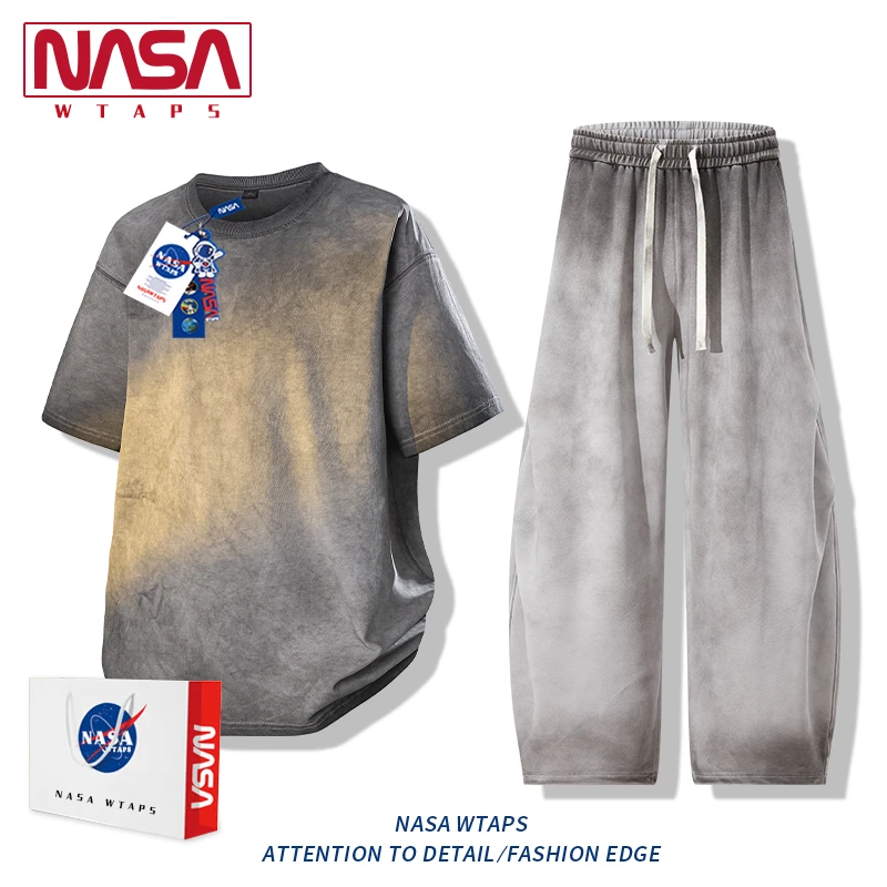 NASA WTAPS休闲运动套装男款春秋季美式潮牌扎染短袖休闲裤两件套
