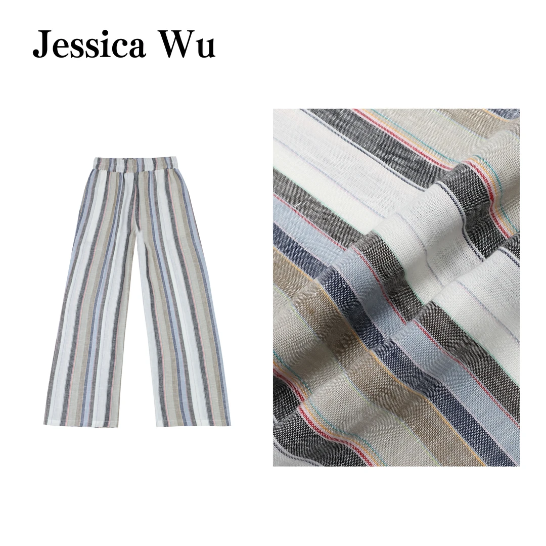 JESSICA WU时髦lady~100亚麻色织彩色坚条纹高腰垂感阔腿直筒裤