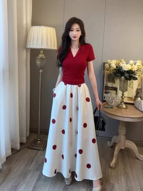 小清新红色v领T恤减龄高腰波点半身裙两件套女夏季新款套装潮