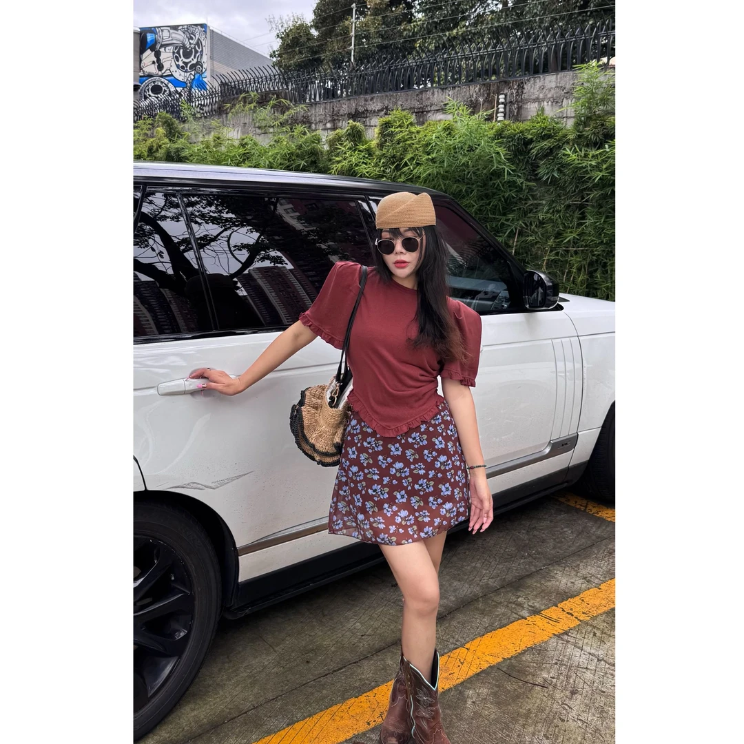 吉吉【怦然心动】新款设计感收腰鱼尾碎花长裙/松紧腰显瘦短裙#3217