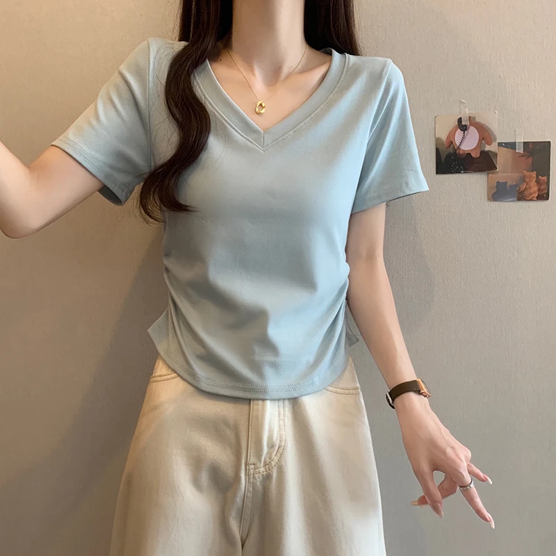 K大码女装短袖t恤2025夏季韩版胖MM修身显瘦遮肚正肩V领纯色上衣
