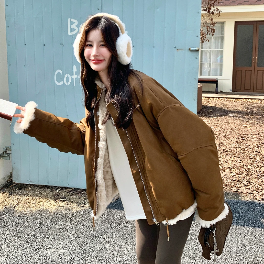 美式韩系复古两面穿毛领派克服女冬季新款加厚宽松休闲时尚外套