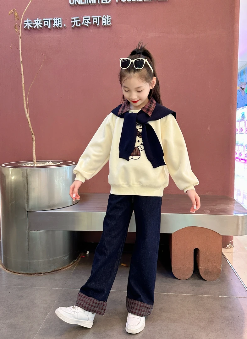 女童开学季休闲运动套装2025秋装格子裤中腰长裤牛仔裤