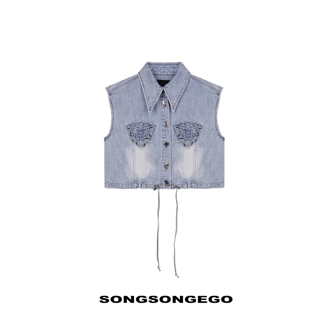 SONGSONGEGO独立原创设计师蓝色水洗无袖休闲翻领马甲51325