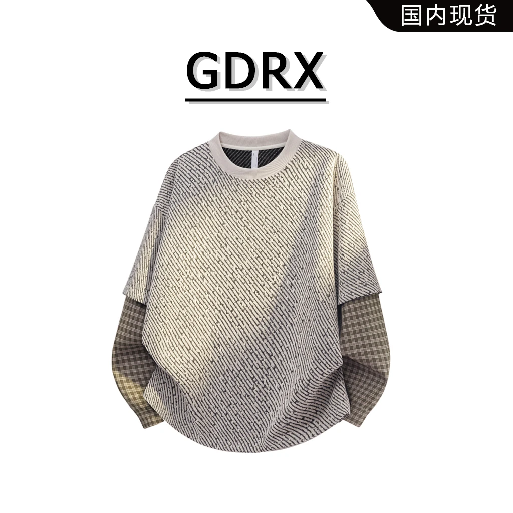 GDRX美式假两件卫衣2025秋季新款潮男格子袖内衬常规休闲长袖上衣