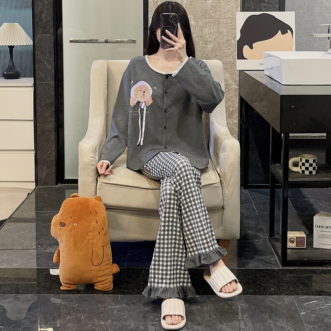 睡衣女春秋季精梳棉长袖大码2025新款可外穿围巾熊套装休闲家居服