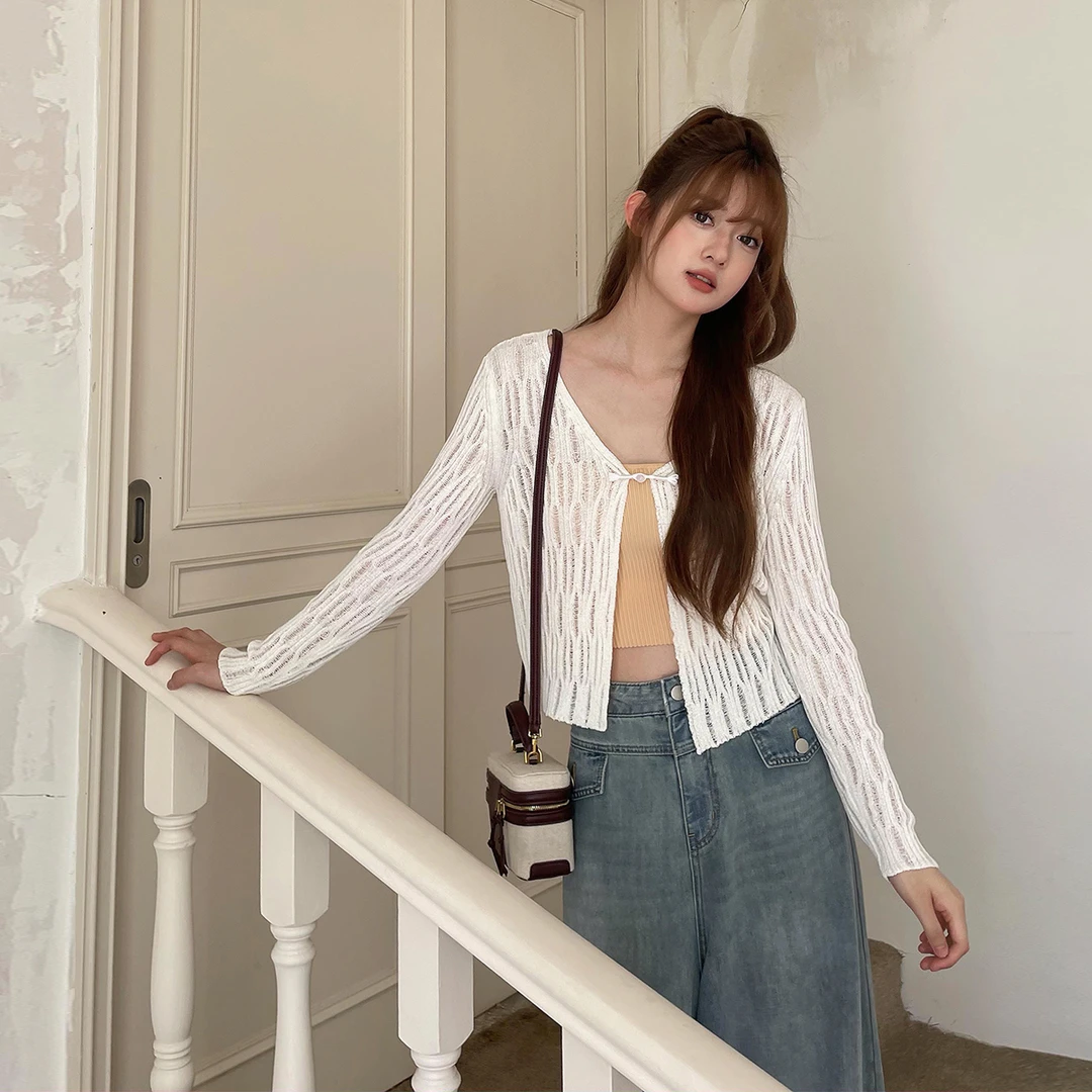 晶咕白标~短款盘扣小设计冰麻针织开衫女夏季大码长袖气质上衣