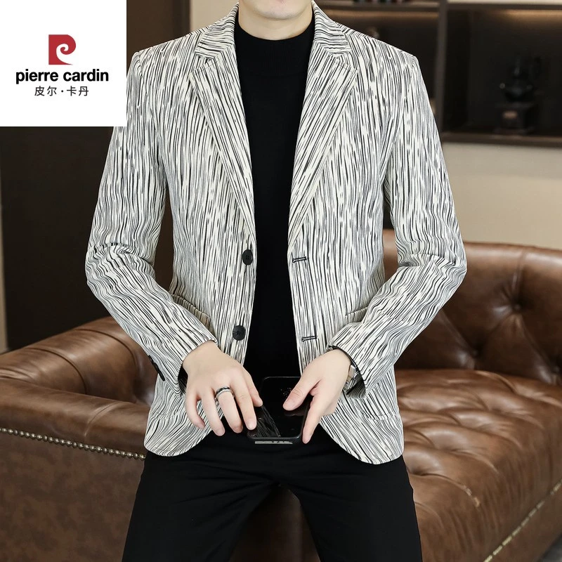 皮尔卡丹小西装外套男士2025新款秋季韩版潮流修身帅气条纹单西服