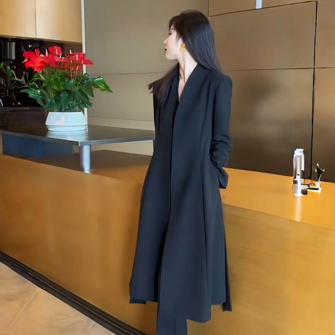 大码网红爆款简约时髦女神范风衣胖mm炸街爆款过膝长款系带外套潮