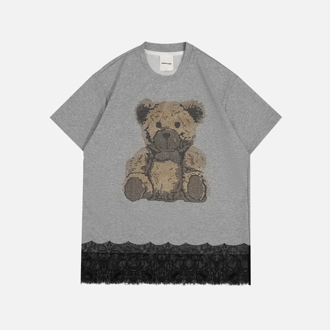 25N夏季新款轻奢高级感美式街头潮流设计蕾丝小熊短袖大T 152496