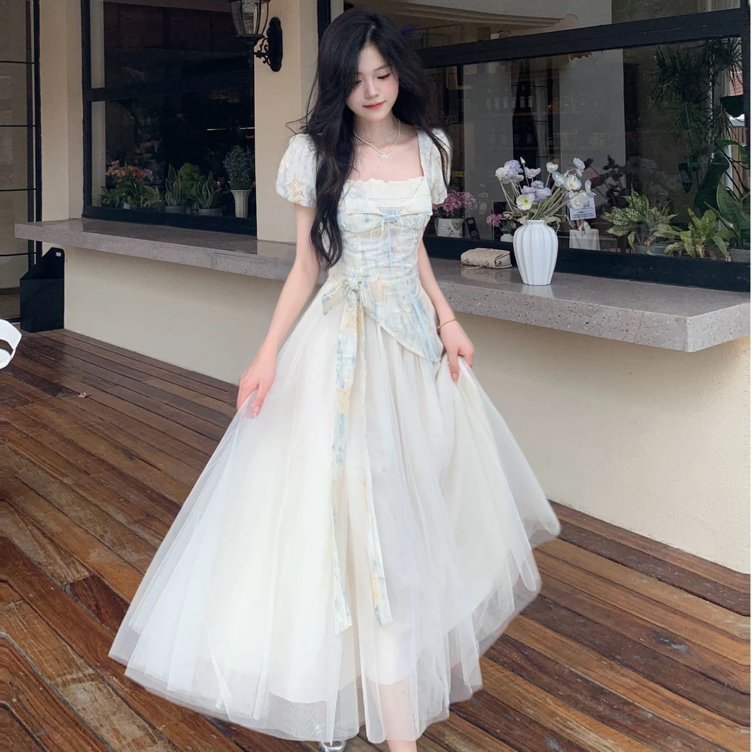 Blovelan清甜一夏 夏日甜美碎花腰间飘逸蝴蝶结收腰蓬蓬长裙