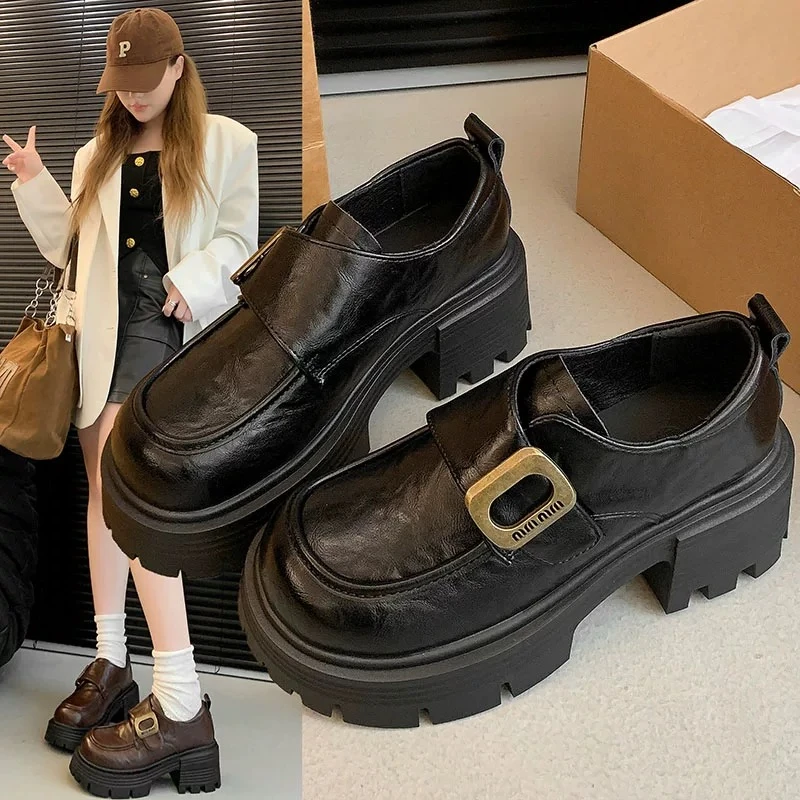 厚底乐福鞋女2025秋季新款英伦风黑色小皮鞋粗跟增高软皮软底单鞋