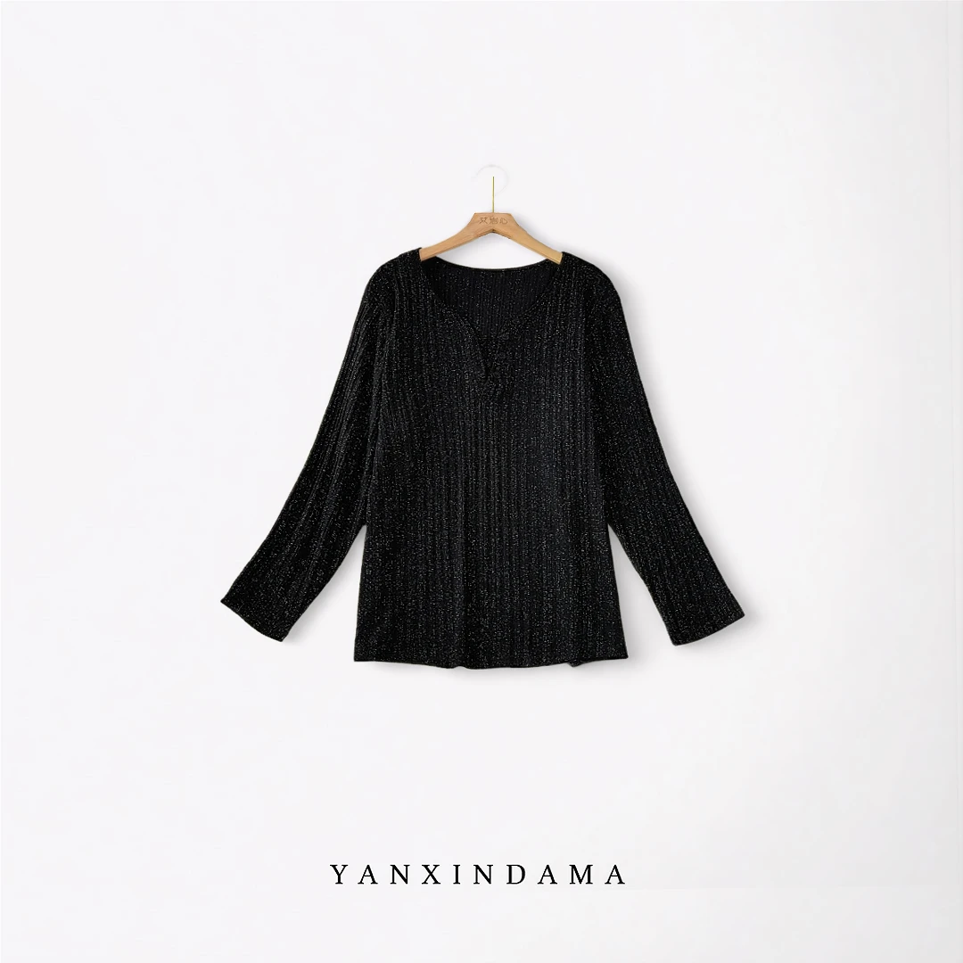 大码女装300斤胖MM高弹力时尚百搭小V领套头满天星针织衫78977