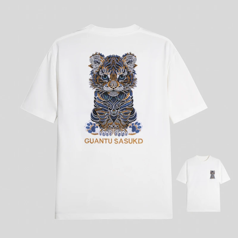 328T重磅幼崽小老虎重工刺绣短袖T恤男女同款