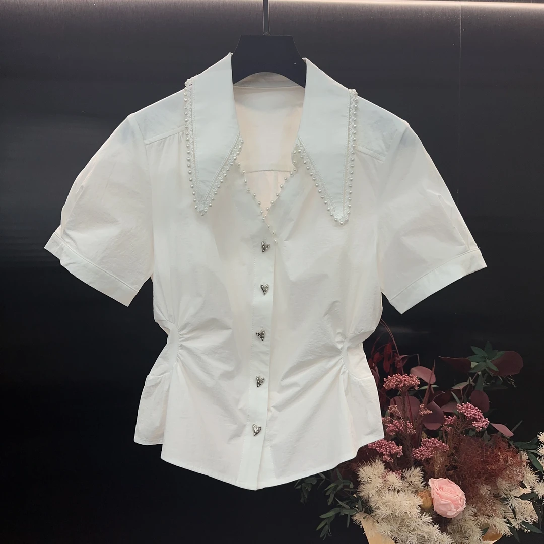 《高端定制》设计师款珍珠领收腰上衣