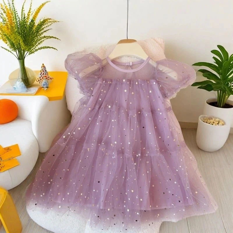 女童连衣裙新款洋气夏装网纱裙蓬蓬纱裙子小女孩泡泡袖公主裙夏季