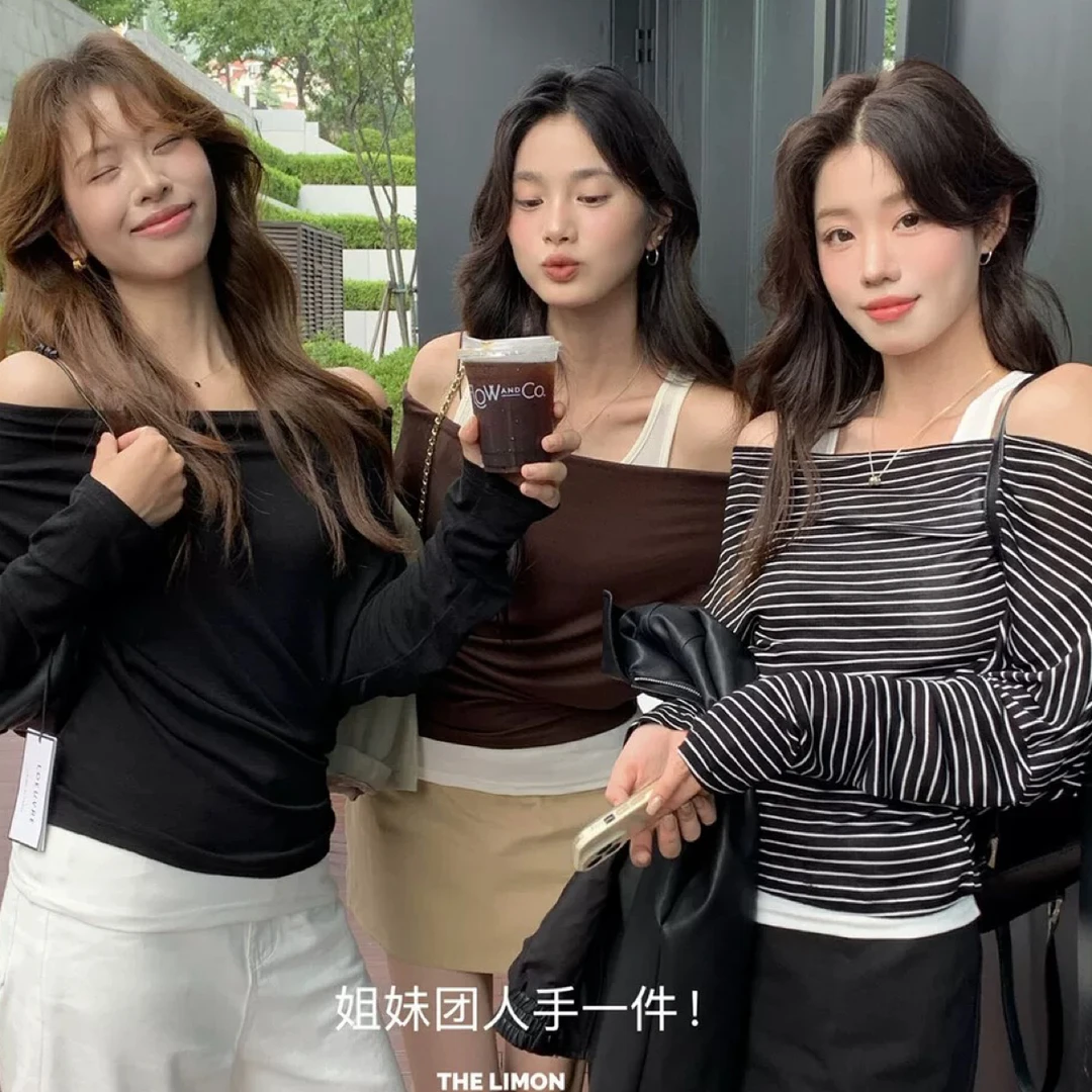 THE LIMON韩版新款2025早秋辣妹漏肩长袖t桖叠穿背心两件套上衣女