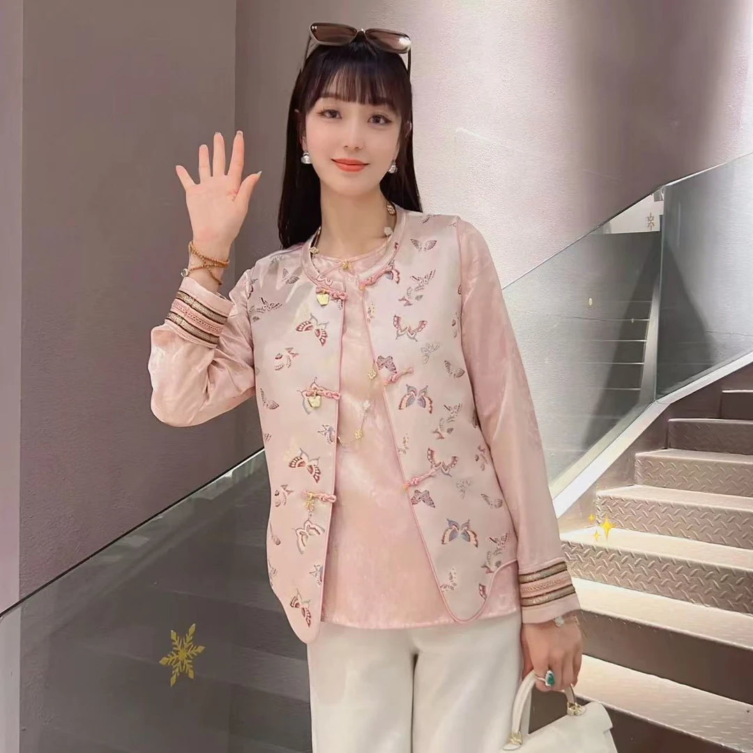 春季新中式国风圆领提花马甲女时尚气质百搭复古盘扣上衣女马甲潮