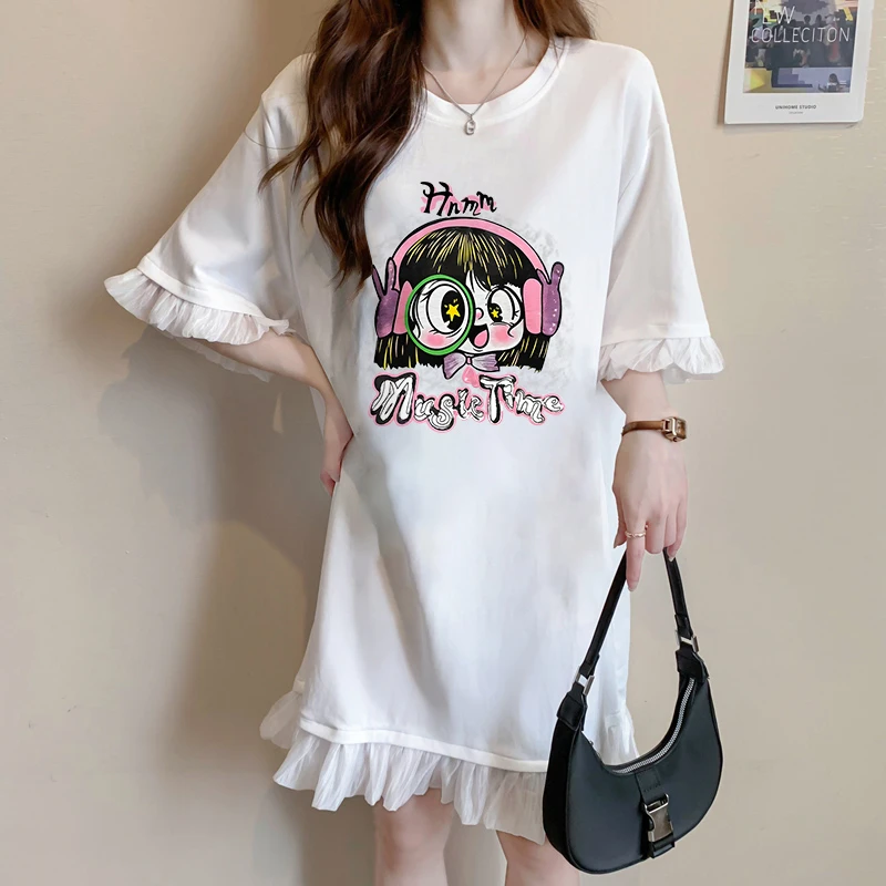 蕾丝拼接连衣裙女2025夏季韩版宽松时尚减龄设计纯棉假两件连衣裙