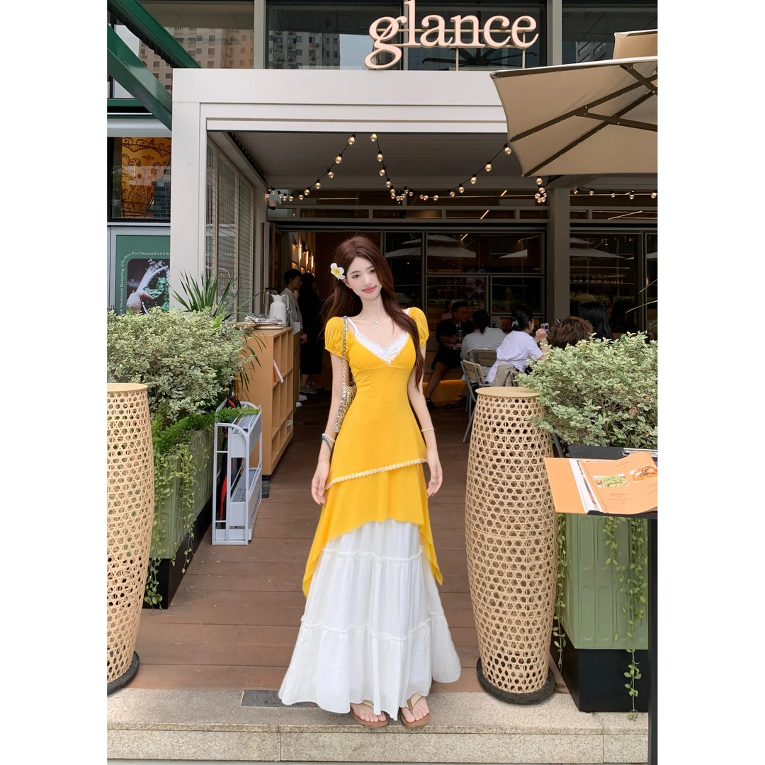 三件套普罗旺斯明媚黄不规则荷叶边连衣裙V领收腰裙子套装 21106