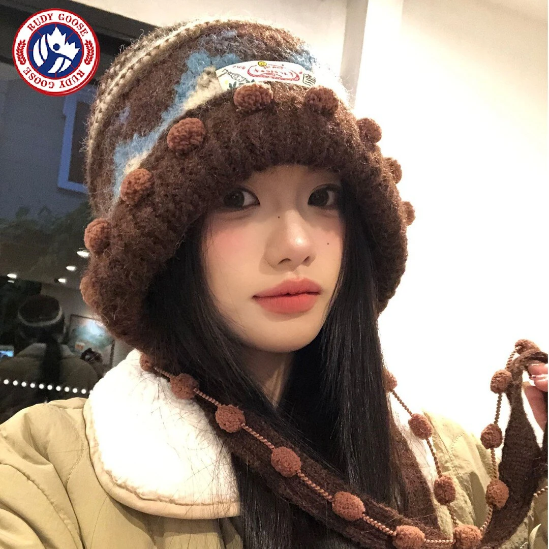 加拿大RUDY GOOSE鹅费尔岛撞色针织毛线帽女秋冬大头围护耳套头帽