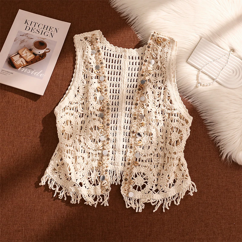 流苏镂空钩花马甲背心女外搭叠穿洋气民族风罩衫针织开衫坎肩上衣