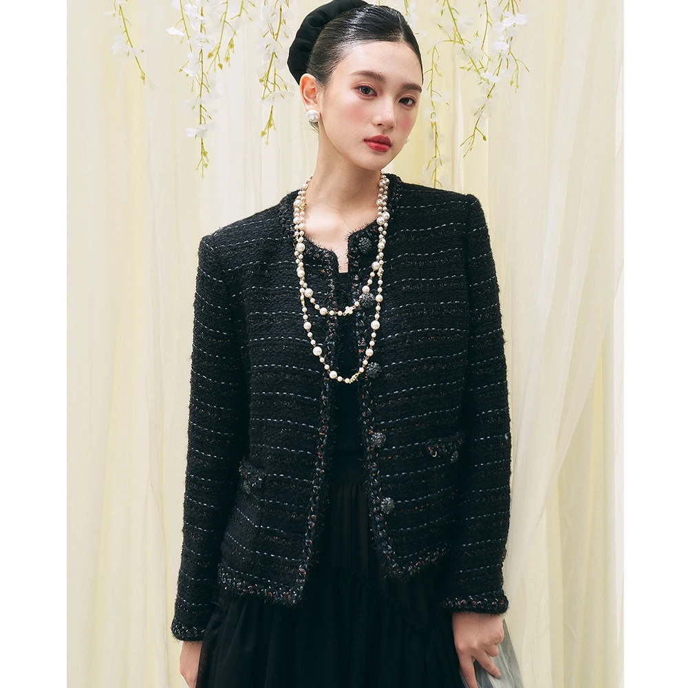 【盛都】25早春新品法式轻熟风高级感黑色羊毛粗花呢小香上衣小香风