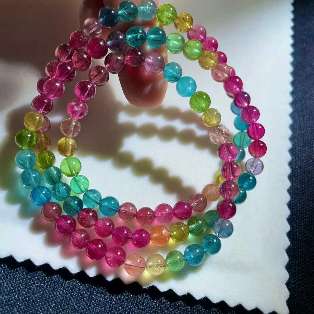 天然荧光彩虹手串三圈5.8mm29g正品碧玺手串纯天然真品100%
