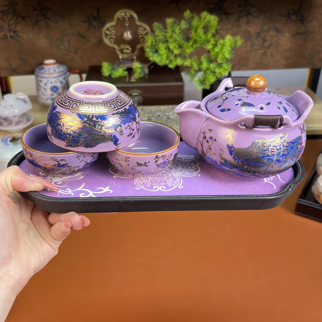 Z3230-周鸿杰老师紫色变色孔雀手抓壶+茶盘手工