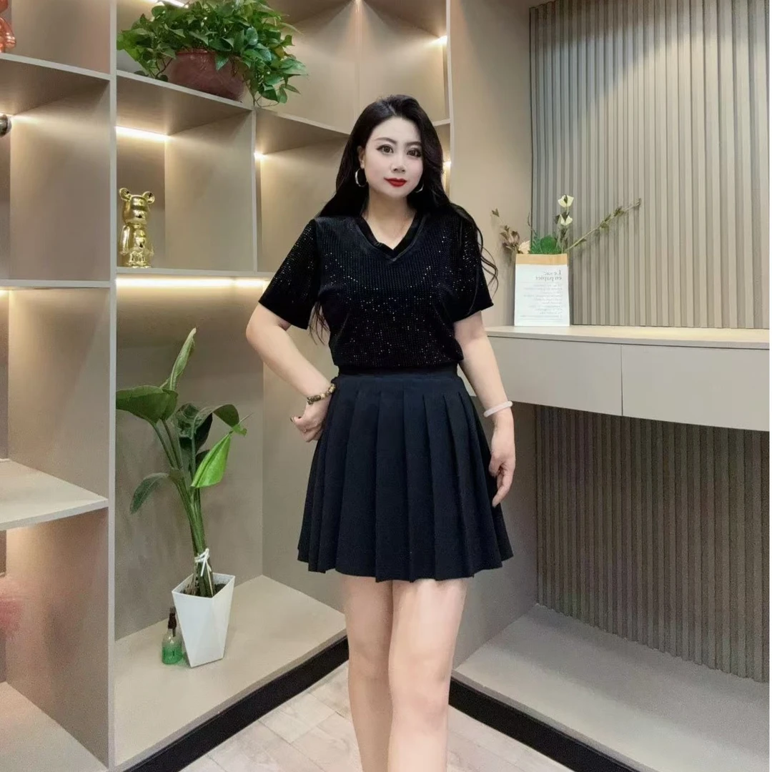 洋气半袖-檬 时尚亮闪爆款气质潮流显瘦减龄百搭胖MM大码女装新款