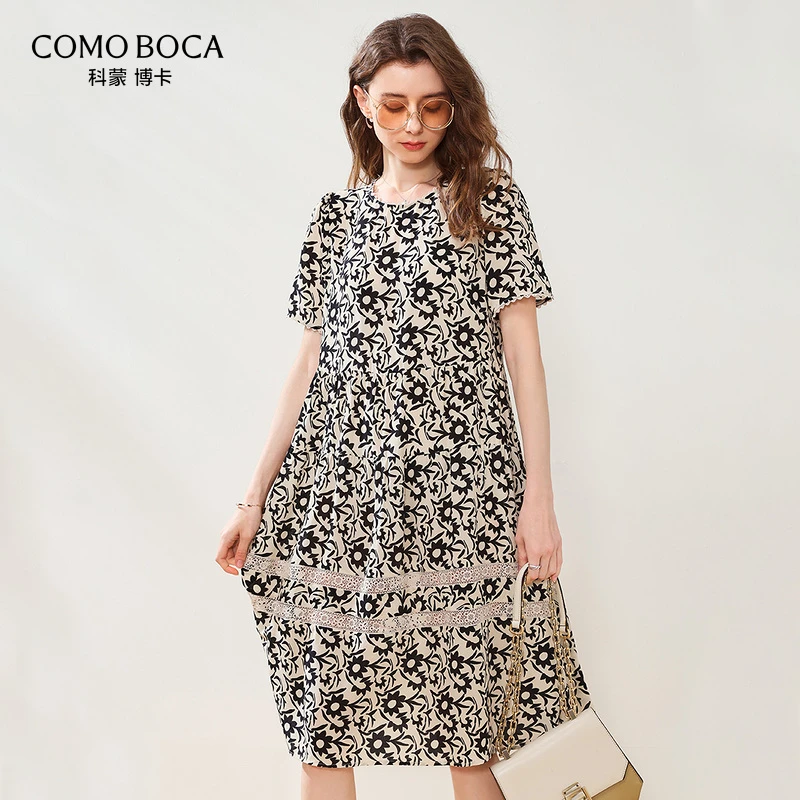 “太阳花”夏季短袖气质圆领桑蚕丝连衣裙女KXSSWS8851