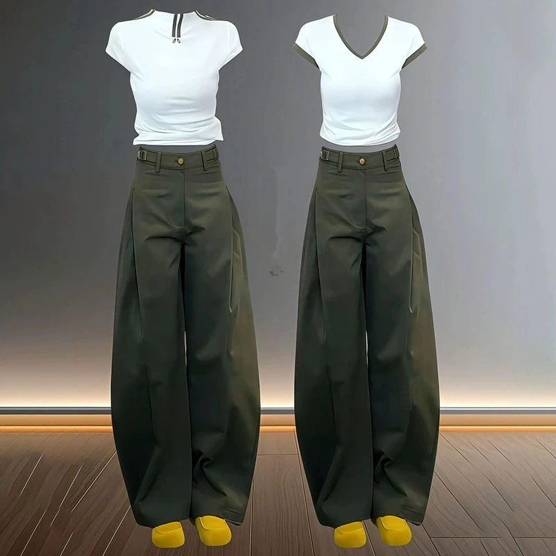军绿色潮牌工装休闲裤女2025夏季薄款大码胖mm小个子直筒阔