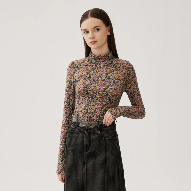 谜底小碎花T恤长袖女2024秋款复古风半高领修身高弹上衣243MT1038