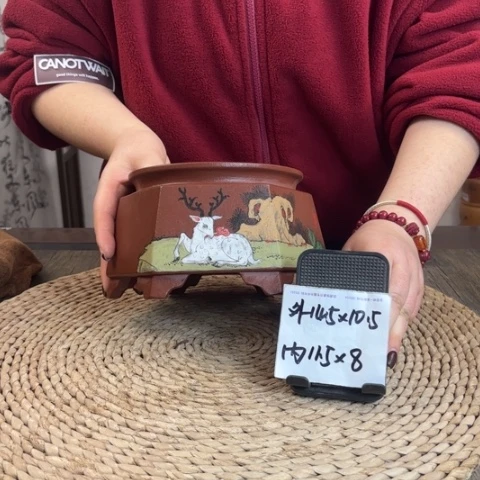 紫砂花盆超精品枣红你一鹿有你井栏六方065