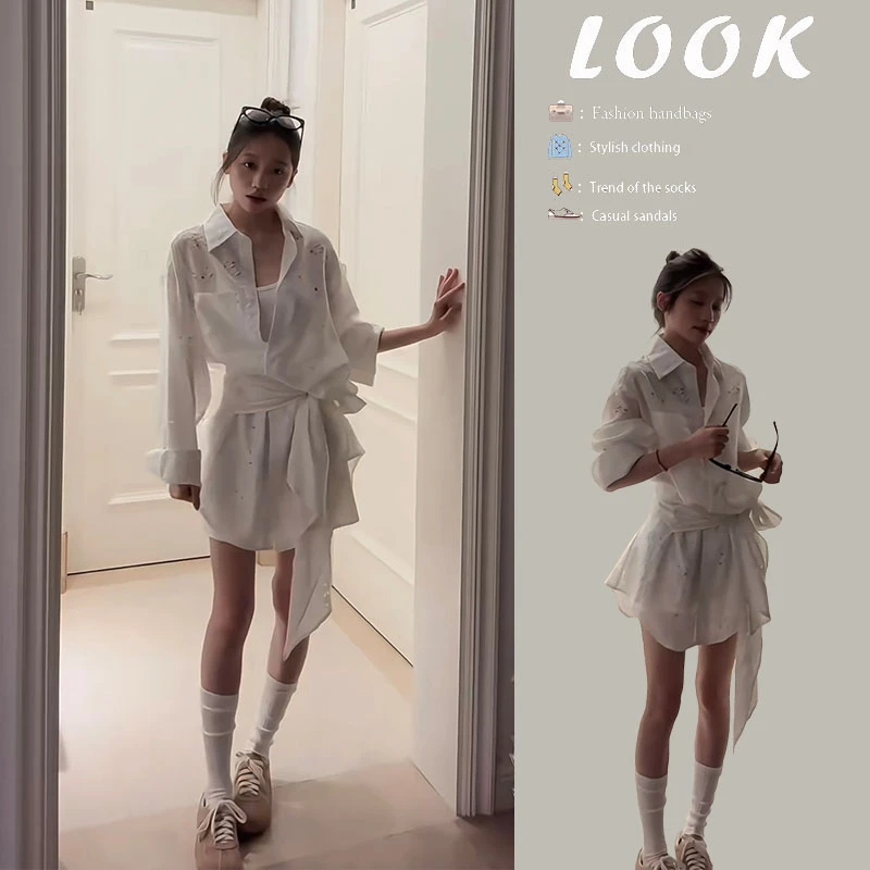 韩系穿搭2025夏季新款简约百搭polo领镂空长袖衬衫连衣裙辣妹短裙