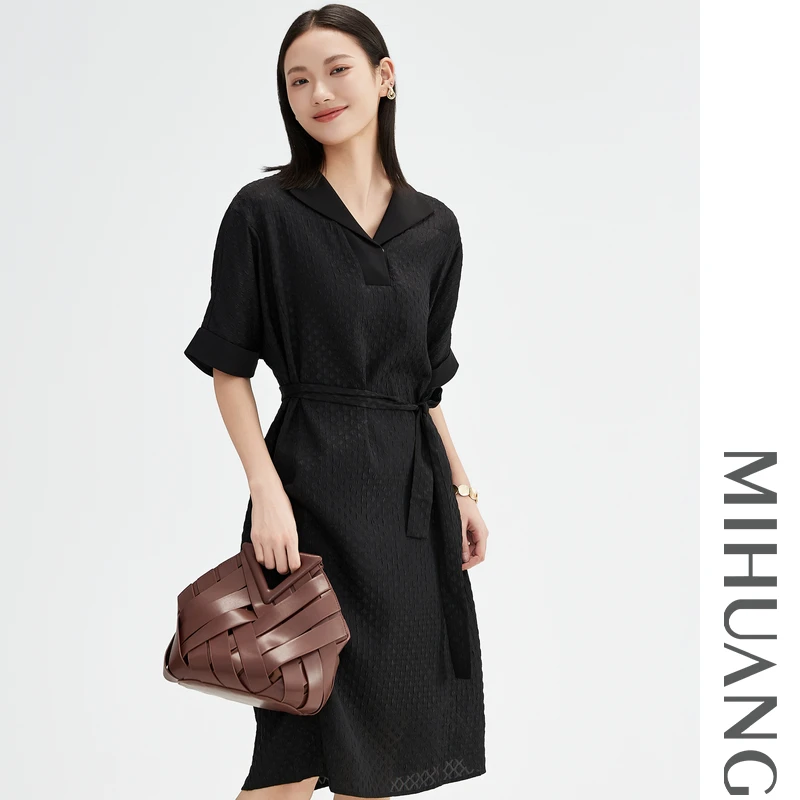 MIHUANG/米皇大女主新款重工桑蚕丝翻领短袖真丝连衣裙645860