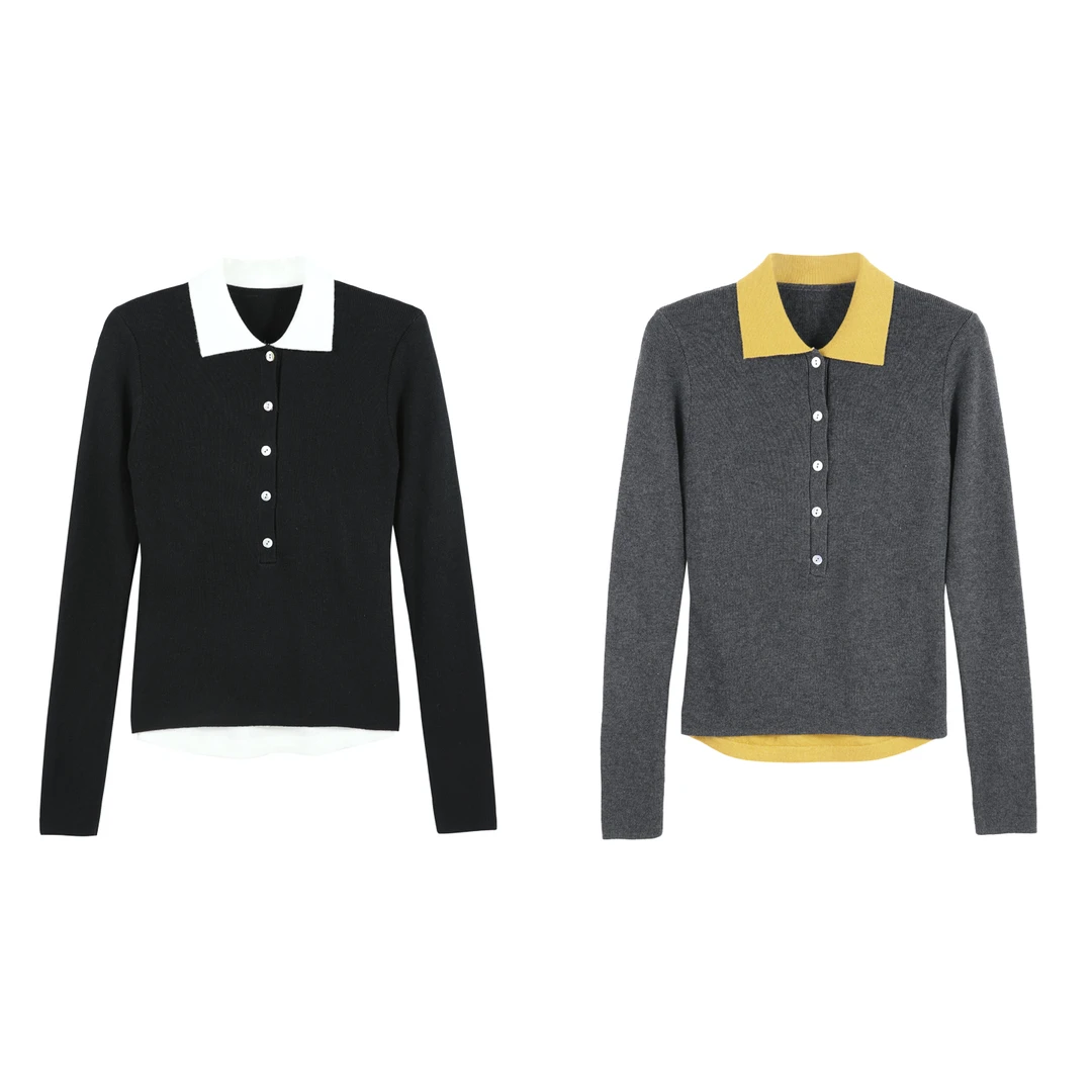 【Luola】秋季新款翻领撞色长袖修身显瘦套头打底上衣A800078