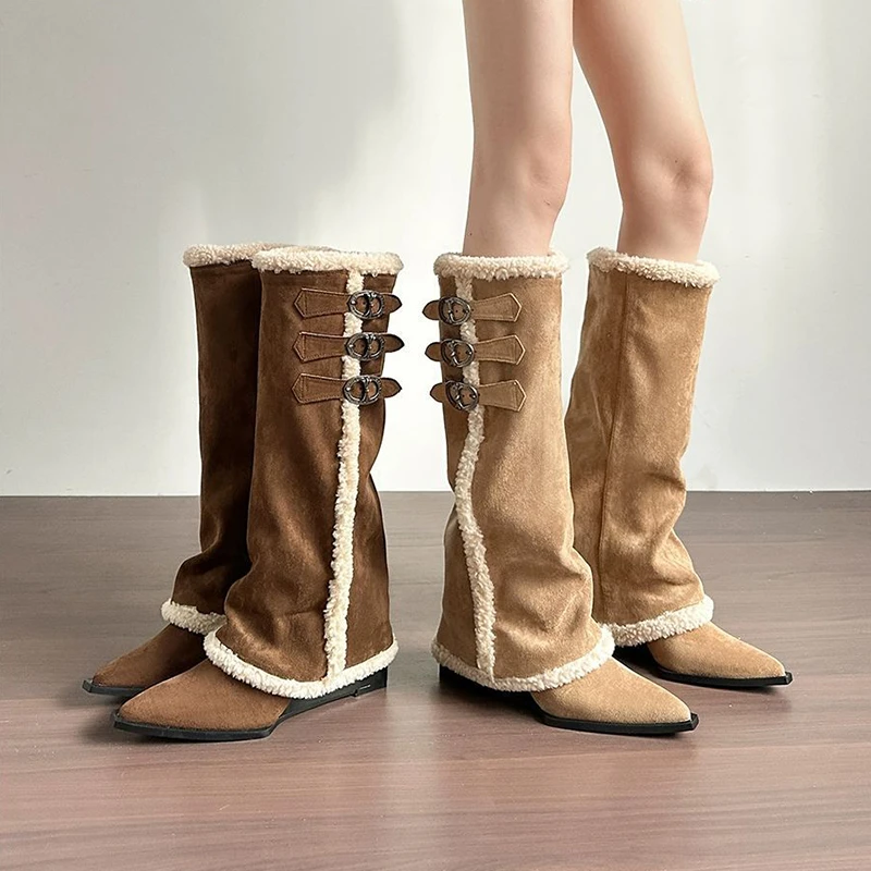 2025秋冬新款尖头高跟时装靴小众设计感不过膝长筒靴皮带扣骑士靴