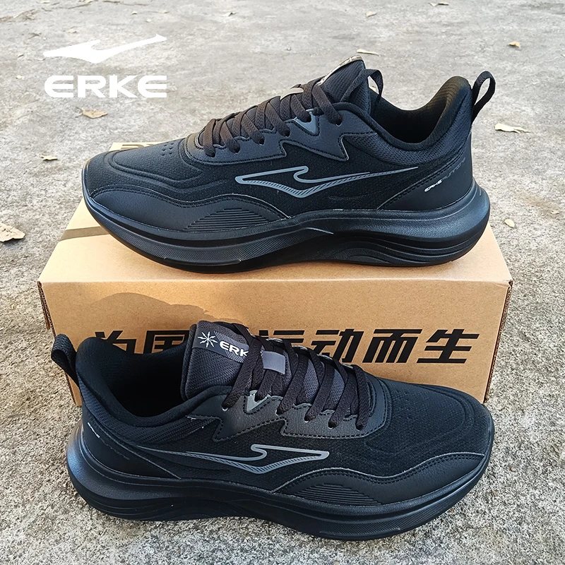 erke/鸿星尔克跑鞋软底纯黑色运动鞋男士跑步鞋透气轻便防泼水男