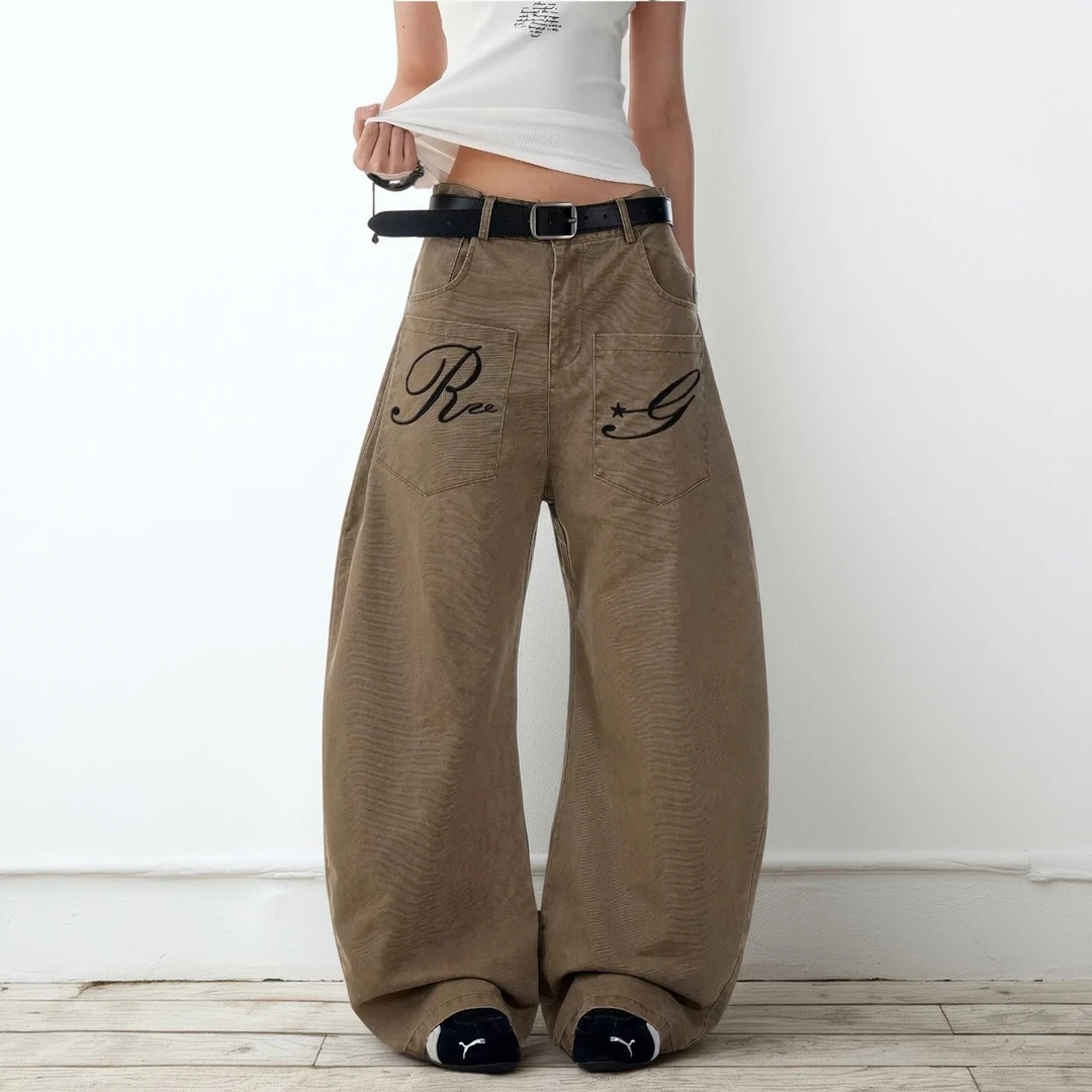 元素情侣刺绣字母美式工装反穿牛仔裤女设计感2025弯刀宽松阔腿
