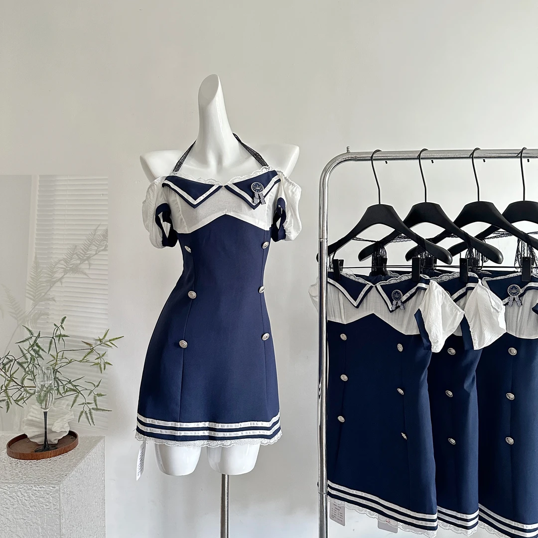 瑞茜·威瑟斯 航海日志 夏季学院风显瘦辣妹收腰撞色连衣裙