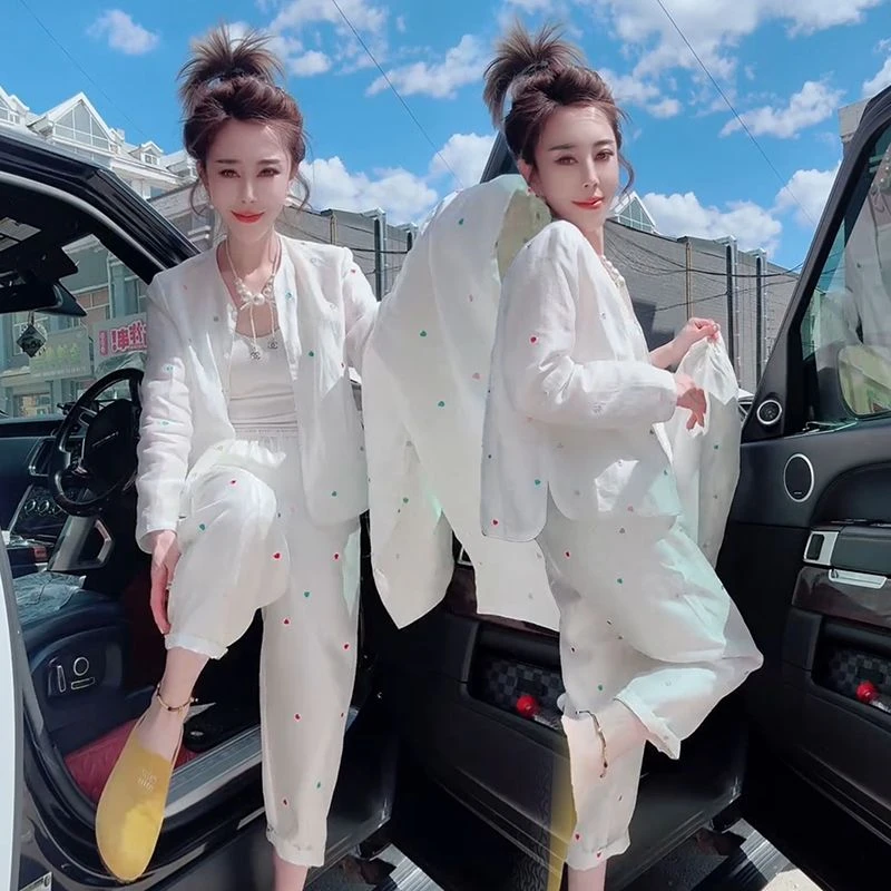 欧货2025夏爆款彩色上衣白色防晒服洋气套装女长袖防晒外套哈伦裤