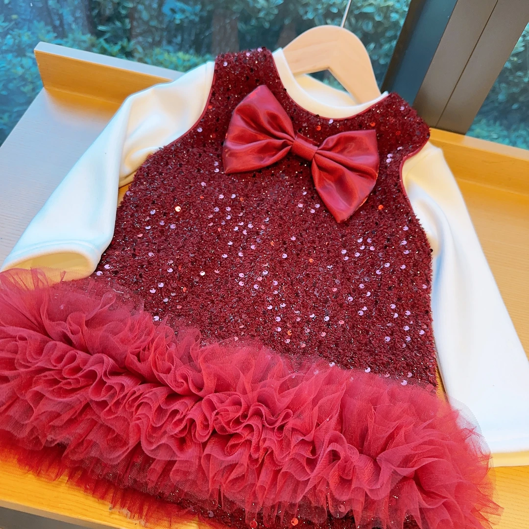 HHkids2024秋冬女童时尚加绒大蝴蝶结亮片蛋糕裙背心裙套装DTZ557