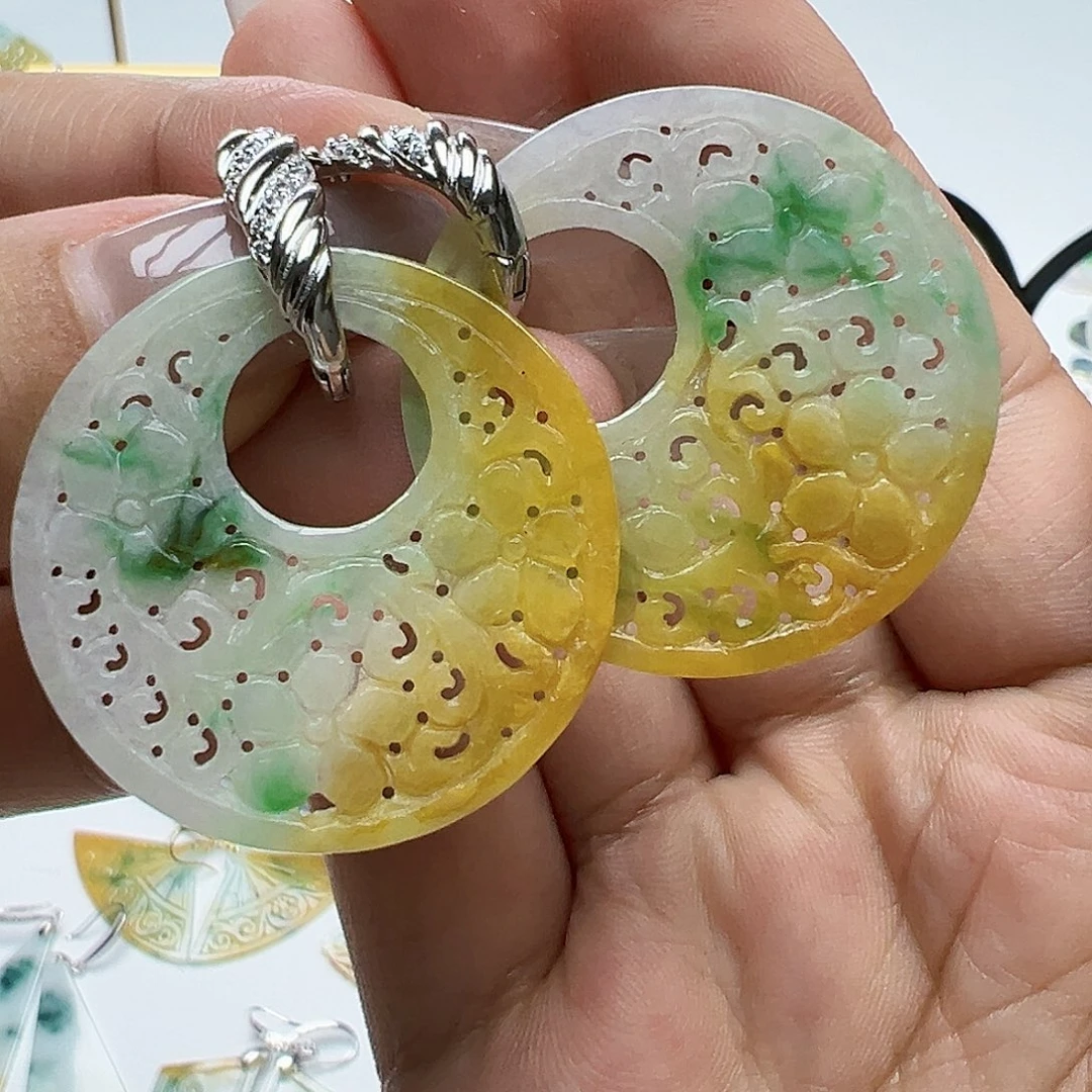 银S925镶嵌翡翠耳饰舞*天然缅甸A货翡翠