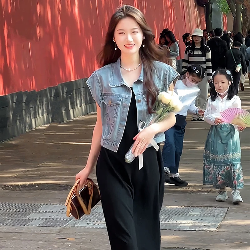 复古小飞袖牛仔马甲女夏季小个子穿搭夏季新款宽松显瘦披肩短上衣